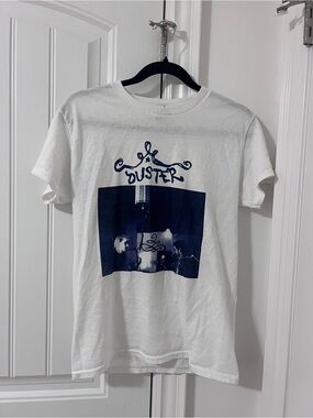 White Graphic 'Duster' Band T-Shirt with Navy Photo Print